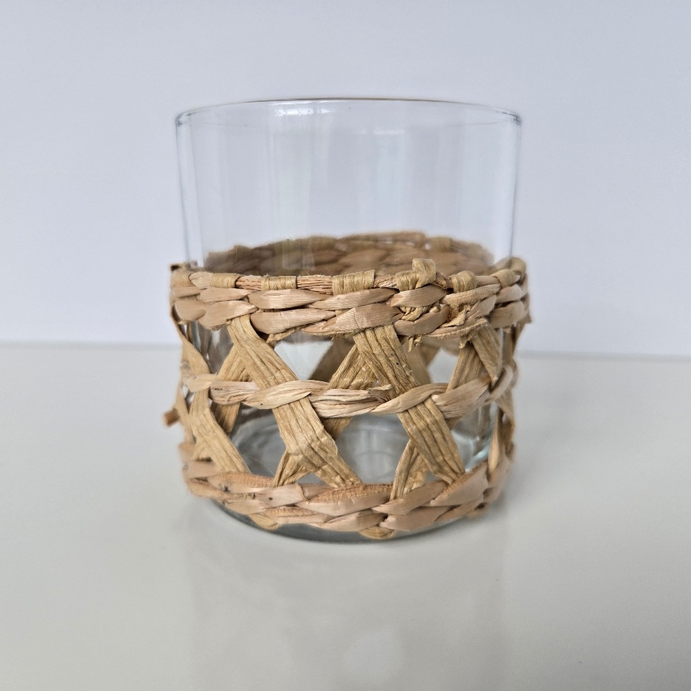 🌺 Glass Tumbler/ T-light Holder with Woven Rattan Sleeve